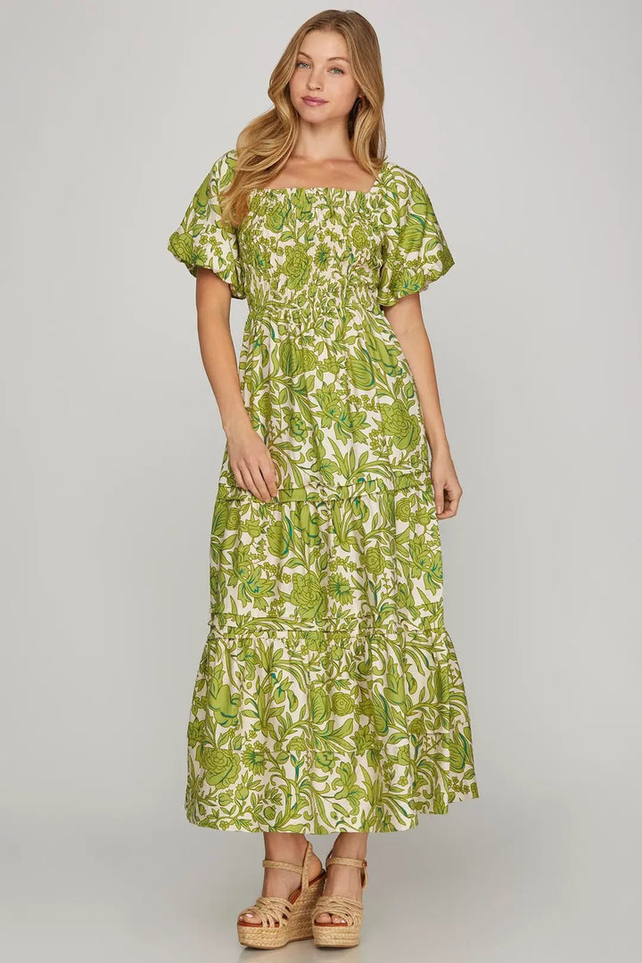 Smocked Floral Print Maxi Dress - Lush Lemon - Women's Clothing - She + Sky - 57985991090909