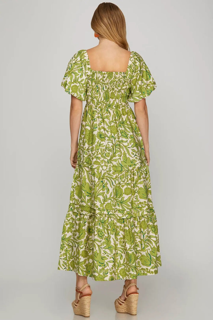 Smocked Floral Print Maxi Dress - Lush Lemon - Women's Clothing - She + Sky - 57985991090909