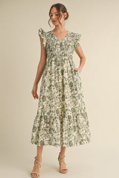 Smocked Flutter Sleeve Midi Dress - Lush Lemon - Women&
