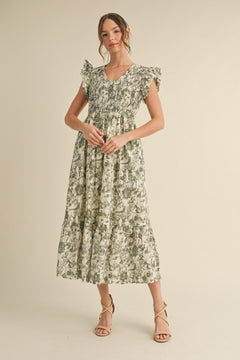 Smocked Flutter Sleeve Midi Dress - Lush Lemon - Women&