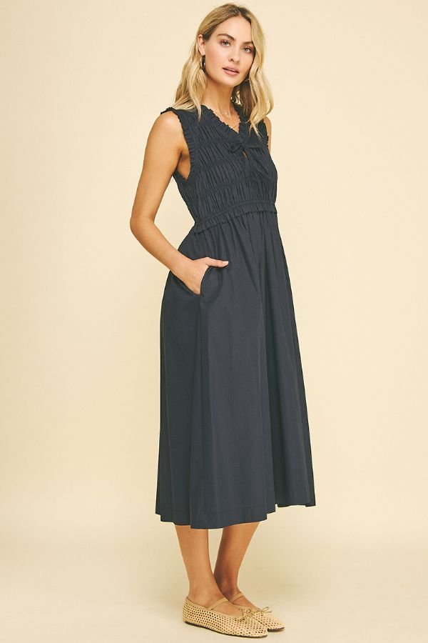 Smocked Midi Dress W/Front Tie - Lush Lemon - Women's Clothing - Pinch - 