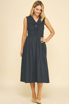 Smocked Midi Dress W/Front Tie - Lush Lemon - Women&