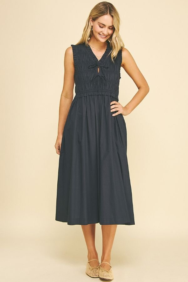 Smocked Midi Dress W/Front Tie - Lush Lemon - Women's Clothing - Pinch - 