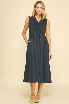 Smocked Midi Dress W/Front Tie - Lush Lemon - Women&