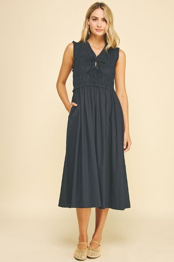 Smocked Midi Dress W/Front Tie - Lush Lemon - Women's Clothing - Pinch - 
