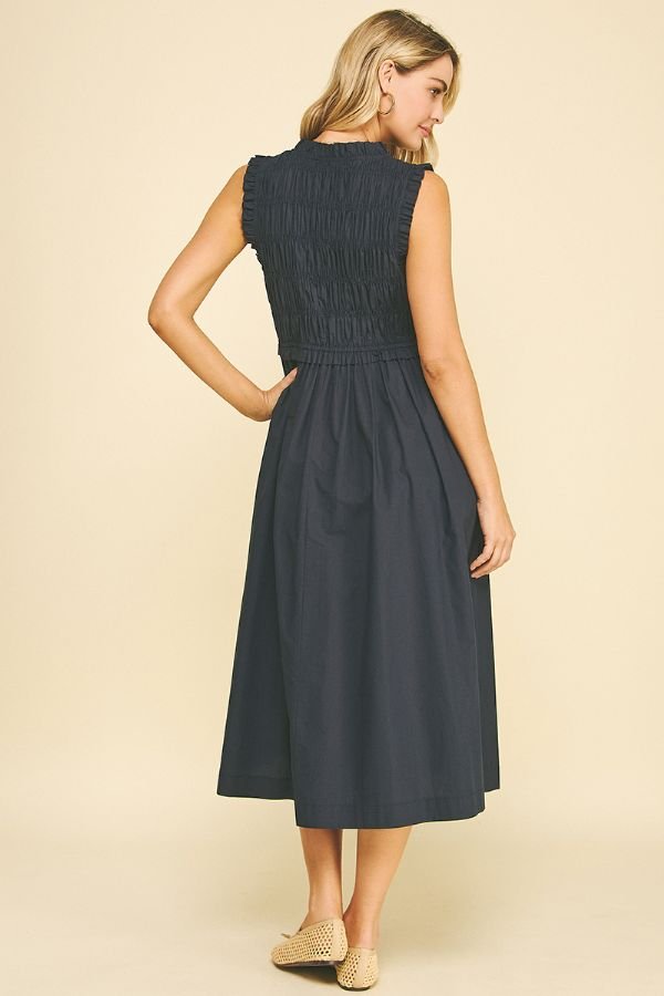 Smocked Midi Dress W/Front Tie - Lush Lemon - Women's Clothing - Pinch - 