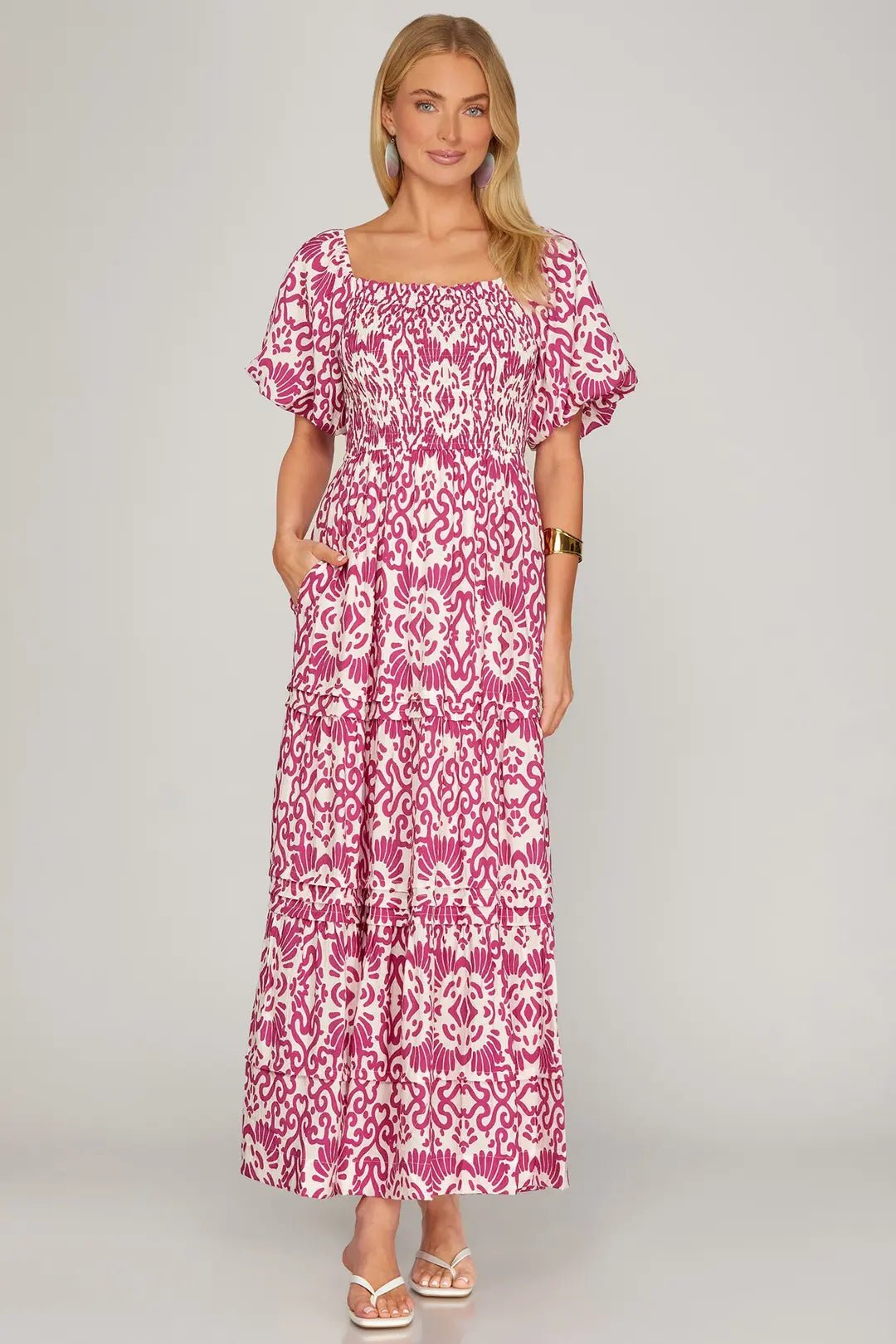 Smocked Puff Sleeve Printed Maxi Dress W/ Pockets - Lush Lemon - Women's Clothing - She + Sky - 15364581062077