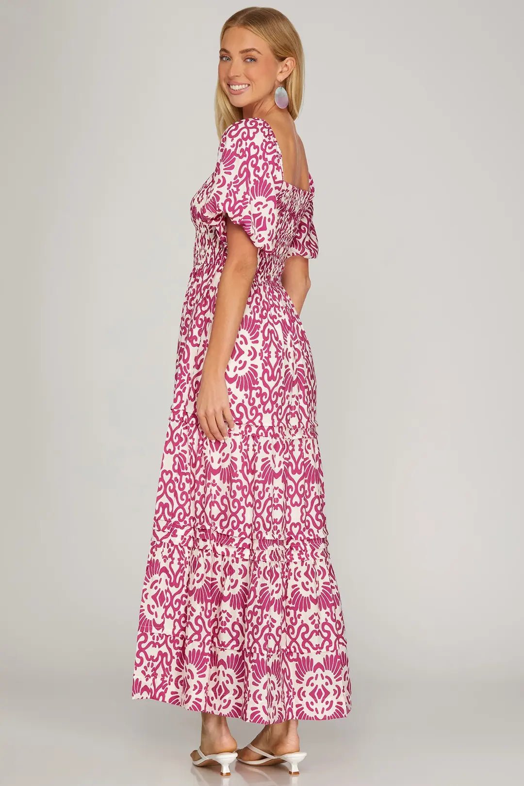 Smocked Puff Sleeve Printed Maxi Dress W/ Pockets - Lush Lemon - Women's Clothing - She + Sky - 15364581062077