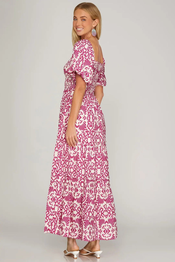 Smocked Puff Sleeve Printed Maxi Dress W/ Pockets - Lush Lemon - Women's Clothing - She + Sky - 15364581062077
