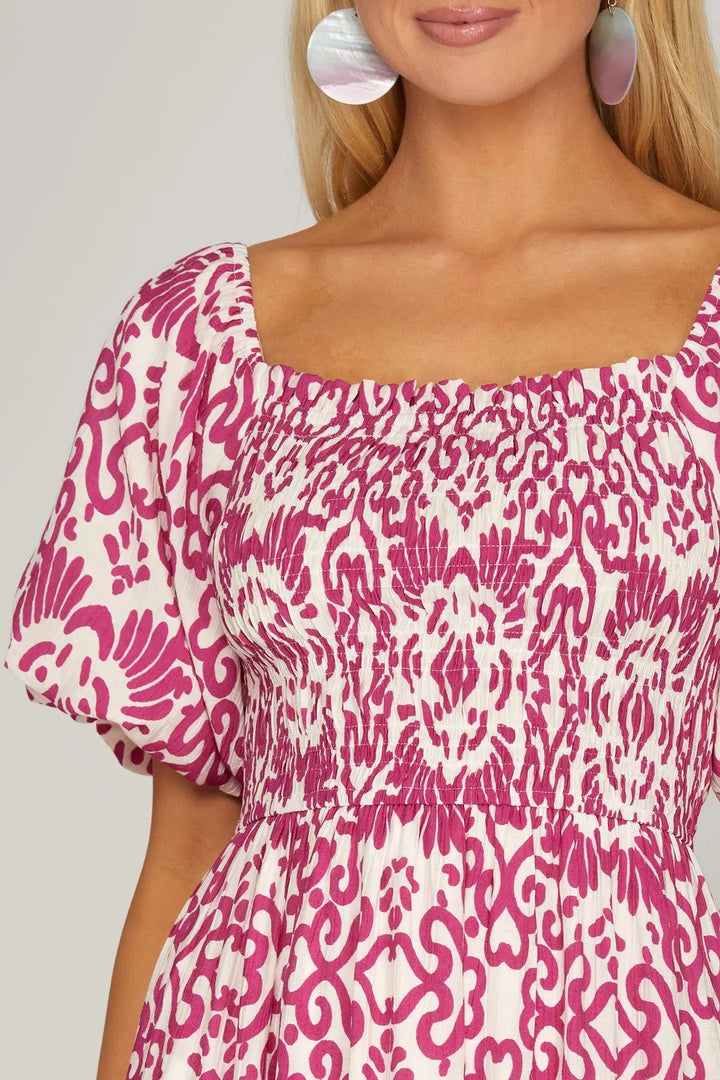 Smocked Puff Sleeve Printed Maxi Dress W/ Pockets - Lush Lemon - Women's Clothing - She + Sky - 15364581062077