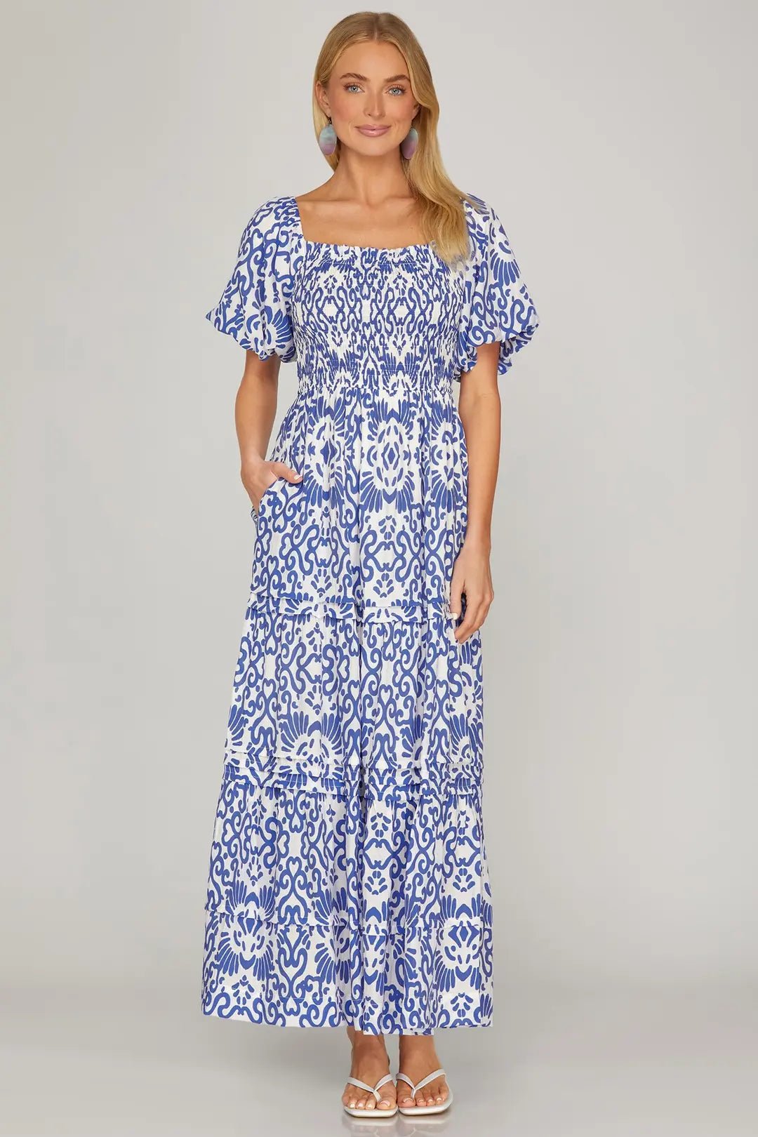 Smocked Puff Sleeve Printed Maxi Dress W/ Pockets - Lush Lemon - Women's Clothing - She + Sky - 15364581360381