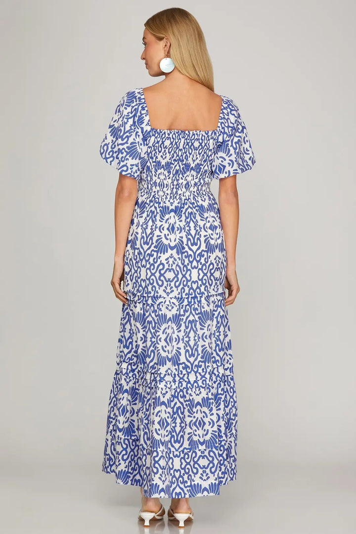 Smocked Puff Sleeve Printed Maxi Dress W/ Pockets - Lush Lemon - Women's Clothing - She + Sky - 15364581360381