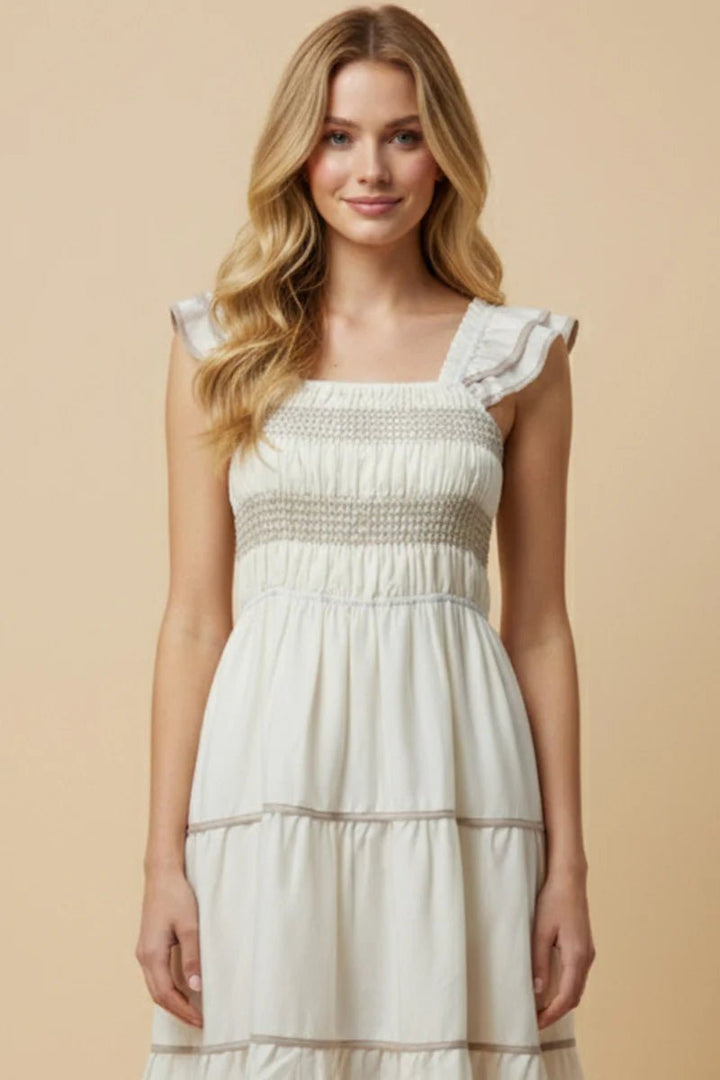 Smocked Ruffle Shoulder Tiered Midi Dress - Lush Lemon - Women's Clothing - Hayden - 85126321024413