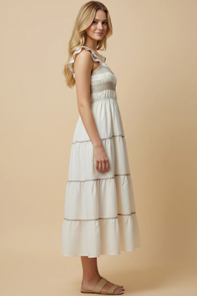 Smocked Ruffle Shoulder Tiered Midi Dress - Lush Lemon - Women's Clothing - Hayden - 85126321024413