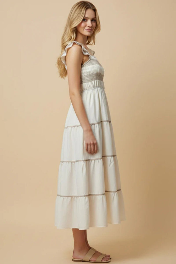 Smocked Ruffle Shoulder Tiered Midi Dress - Lush Lemon - Women's Clothing - Hayden - 85126321024413