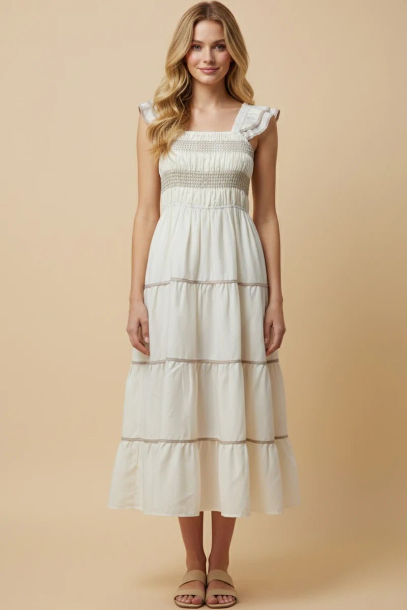 Smocked Ruffle Shoulder Tiered Midi Dress - Lush Lemon - Women's Clothing - Hayden - 85126321024413