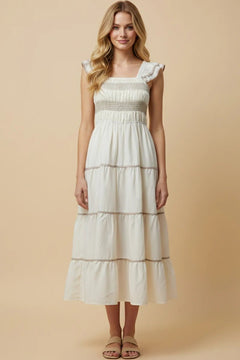 Smocked Ruffle Shoulder Tiered Midi Dress - Lush Lemon - Women&