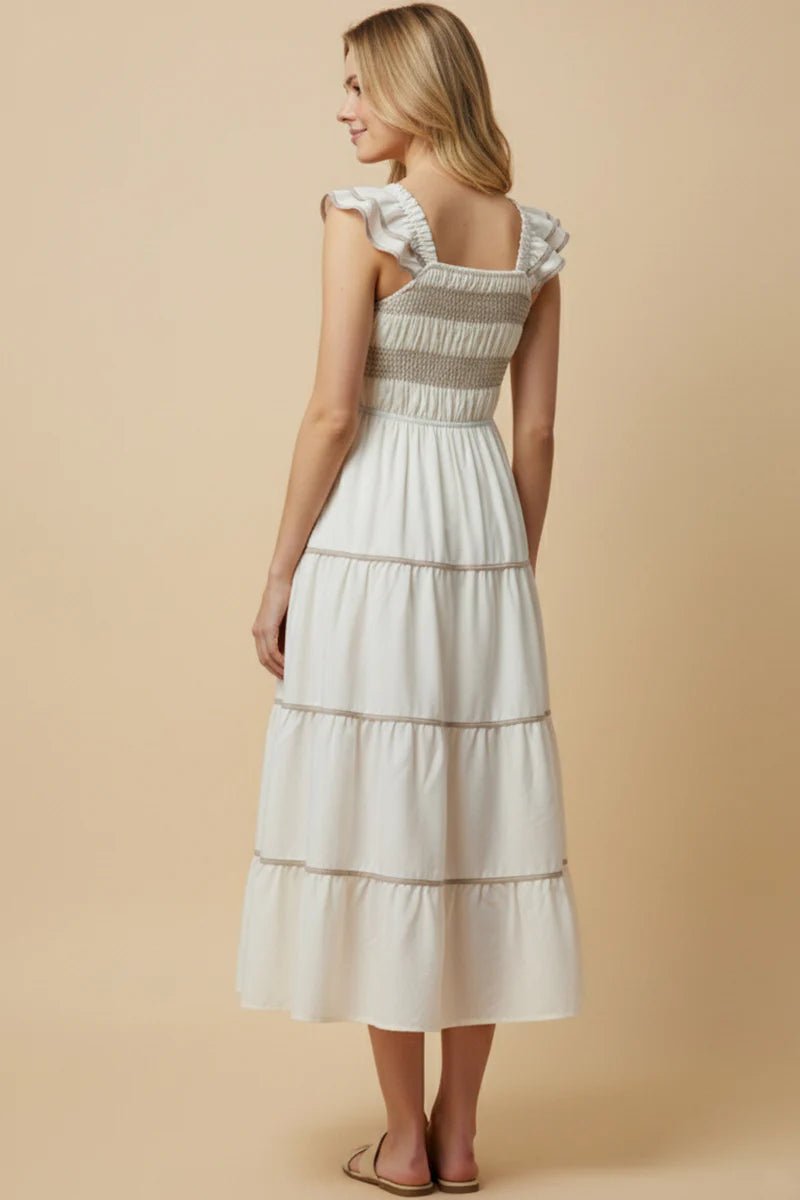 Smocked Ruffle Shoulder Tiered Midi Dress - Lush Lemon - Women's Clothing - Hayden - 85126321024413