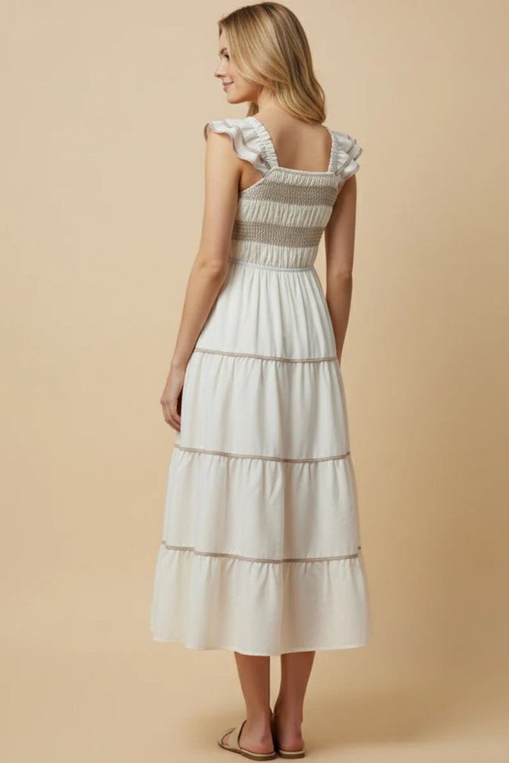 Smocked Ruffle Shoulder Tiered Midi Dress - Lush Lemon - Women's Clothing - Hayden - 85126321024413
