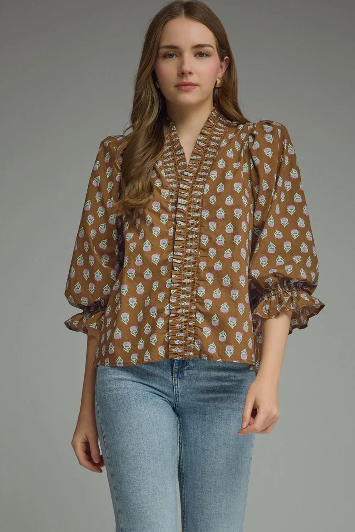 Smocked V-Neck Puff Sleeve Top - Lush Lemon - Women's Clothing - Entro - 32116451024509