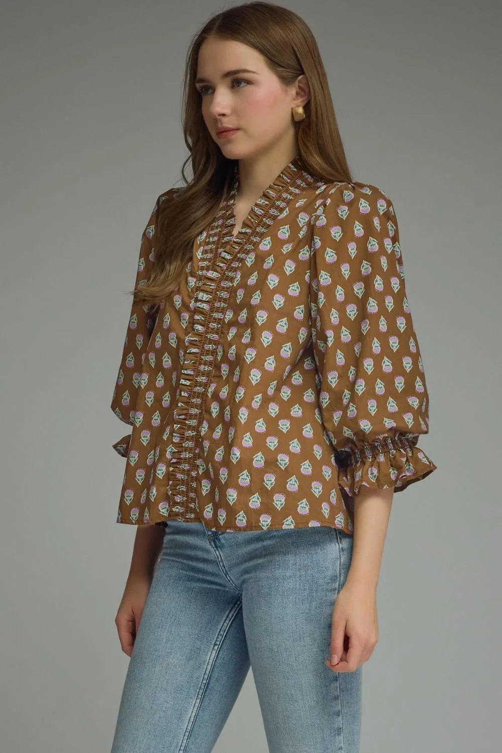 Smocked V-Neck Puff Sleeve Top - Lush Lemon - Women's Clothing - Entro - 32116451024509