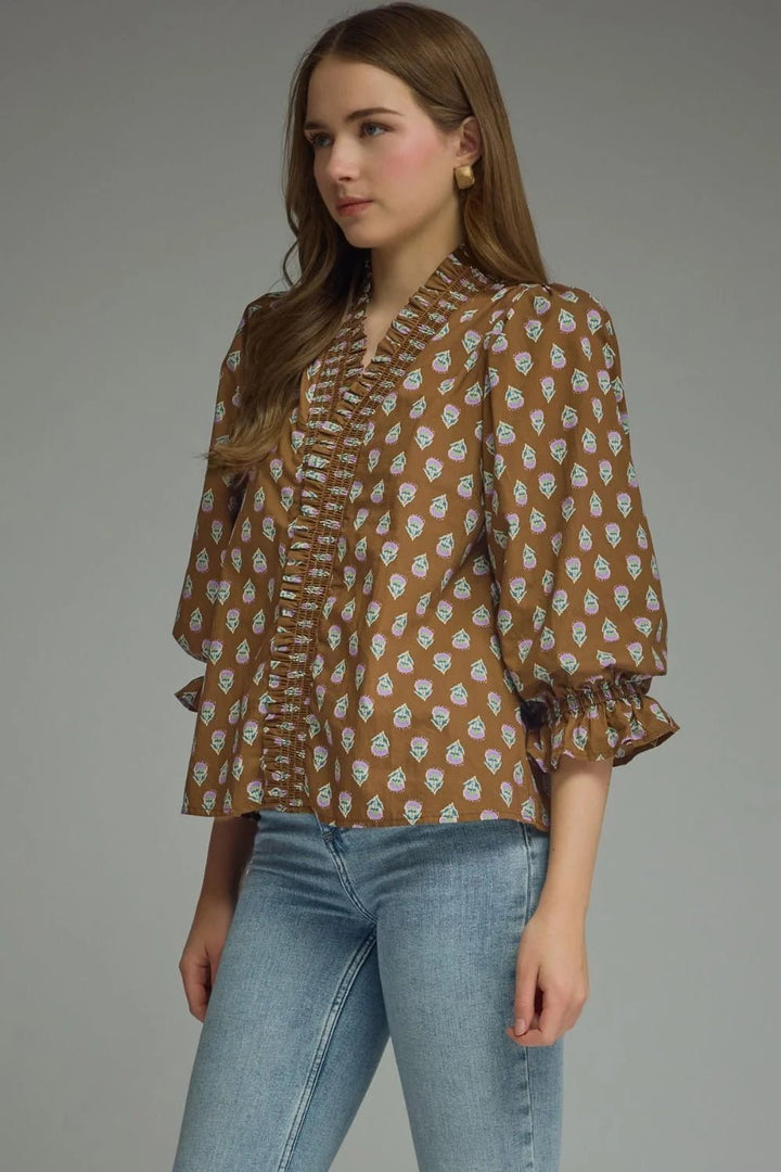 Smocked V-Neck Puff Sleeve Top - Lush Lemon - Women's Clothing - Entro - 32116451024509