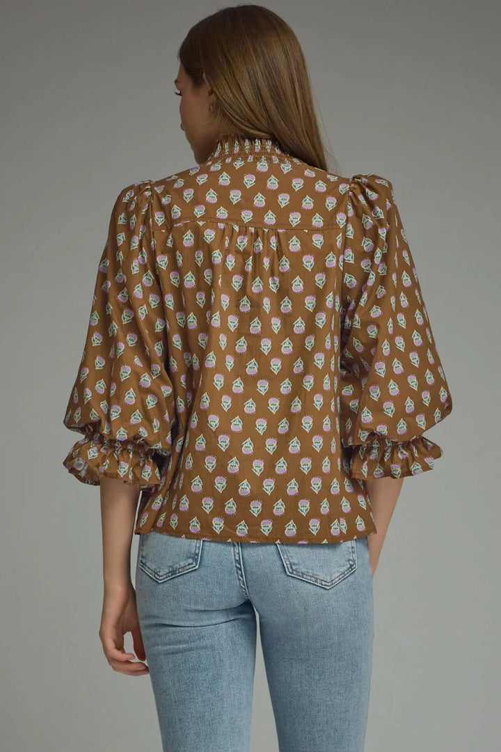 Smocked V-Neck Puff Sleeve Top - Lush Lemon - Women's Clothing - Entro - 32116451024509