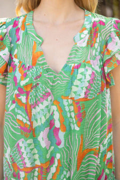 Smocked Waist Double Ruffle Sleeve Print Dress - Lush Lemon - Women&