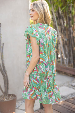 Smocked Waist Double Ruffle Sleeve Print Dress - Lush Lemon - Women&
