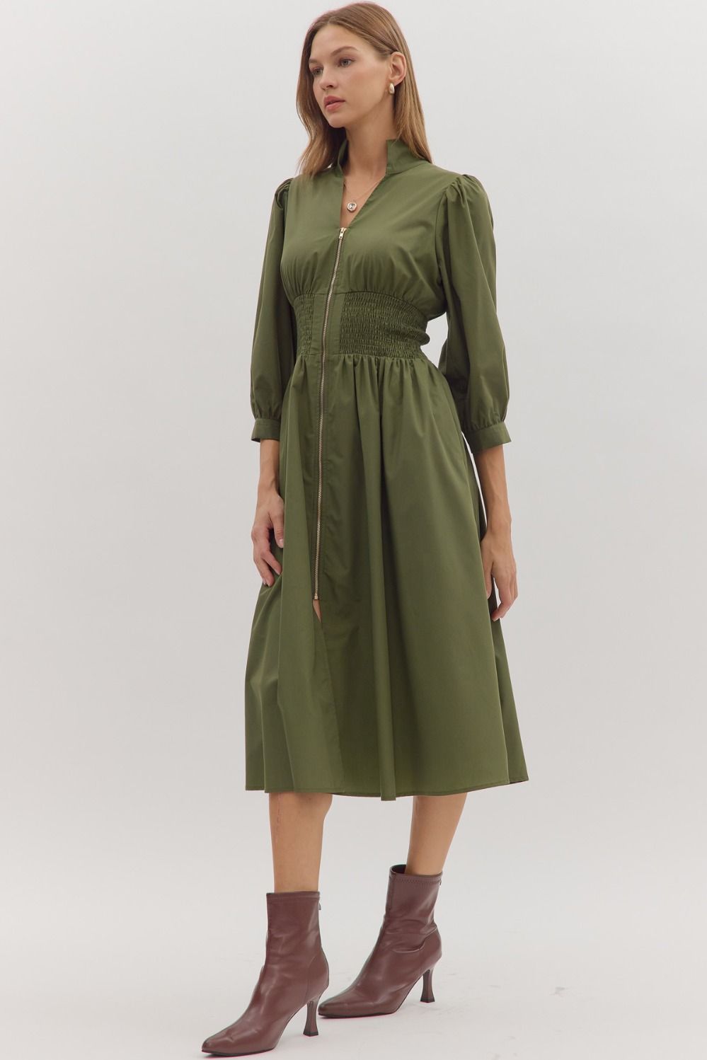 Smocked Waist Puff Sleeve Midi Dress - Lush Lemon - Women's Clothing - Entro - 42294001018525
