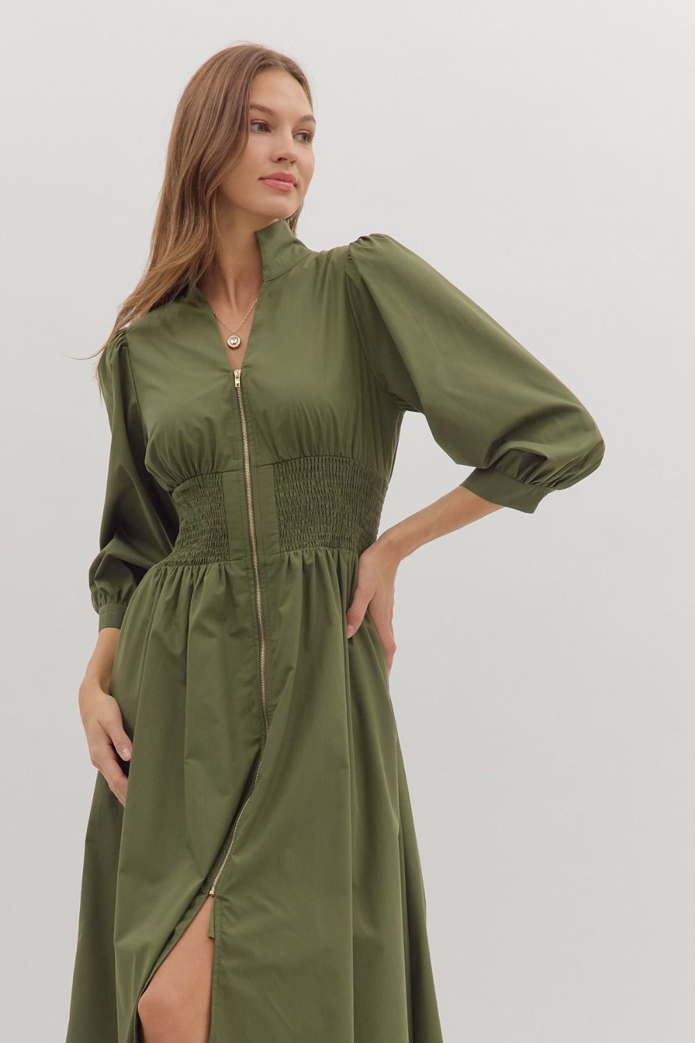 Smocked Waist Puff Sleeve Midi Dress - Lush Lemon - Women's Clothing - Entro - 42294001018525
