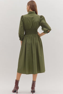 Smocked Waist Puff Sleeve Midi Dress - Lush Lemon - Women&