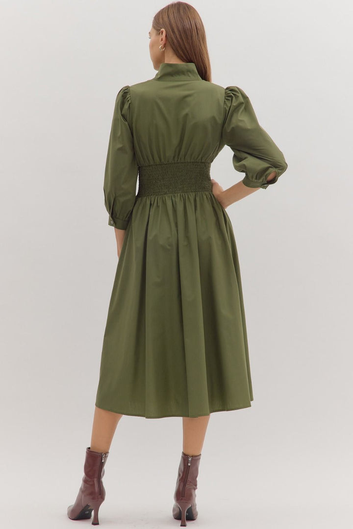 Smocked Waist Puff Sleeve Midi Dress - Lush Lemon - Women's Clothing - Entro - 42294001018525