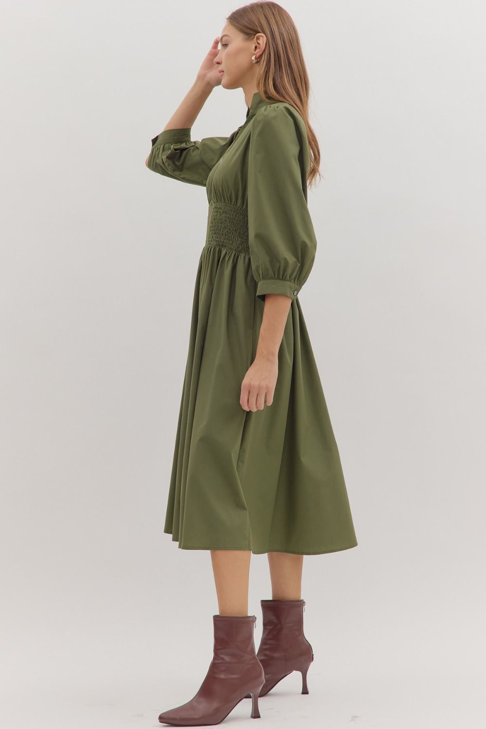 Smocked Waist Puff Sleeve Midi Dress - Lush Lemon - Women's Clothing - Entro - 42294001018525