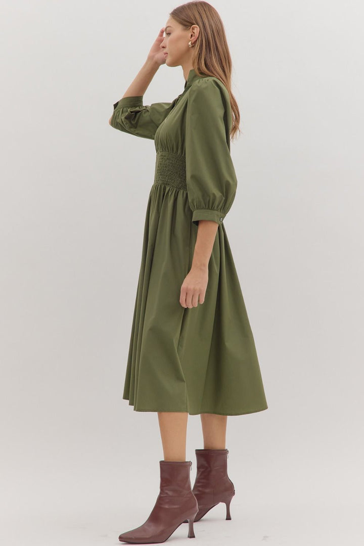 Smocked Waist Puff Sleeve Midi Dress - Lush Lemon - Women's Clothing - Entro - 42294001018525