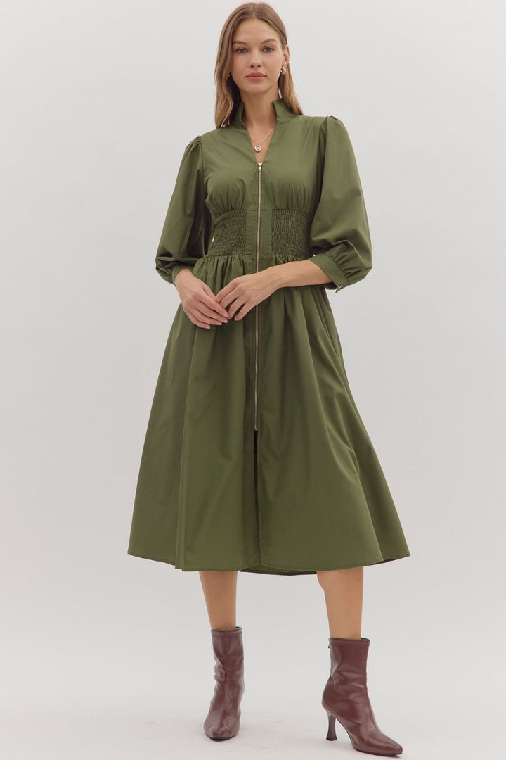 Smocked Waist Puff Sleeve Midi Dress - Lush Lemon - Women's Clothing - Entro - 42294001018525