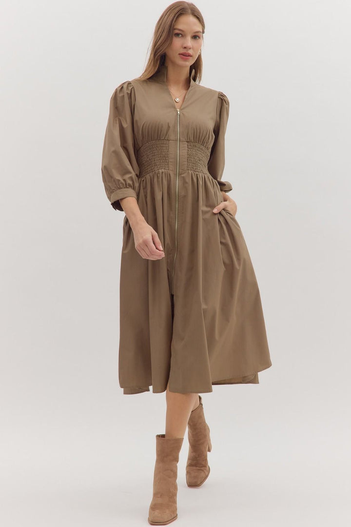 Smocked Waist Puff Sleeve Midi Dress - Lush Lemon - Women's Clothing - Entro - 42294001316829
