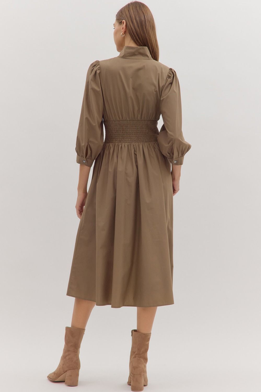 Smocked Waist Puff Sleeve Midi Dress - Lush Lemon - Women's Clothing - Entro - 42294001316829