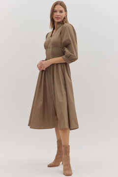 Smocked Waist Puff Sleeve Midi Dress - Lush Lemon - Women&