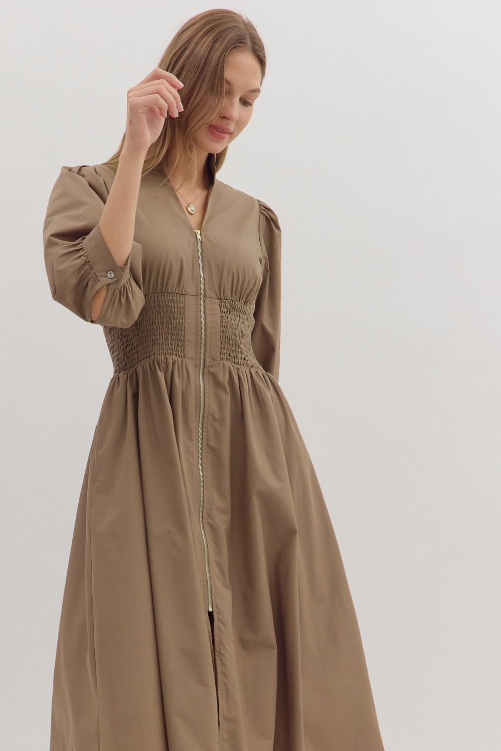 Smocked Waist Puff Sleeve Midi Dress - Lush Lemon - Women's Clothing - Entro - 42294001316829