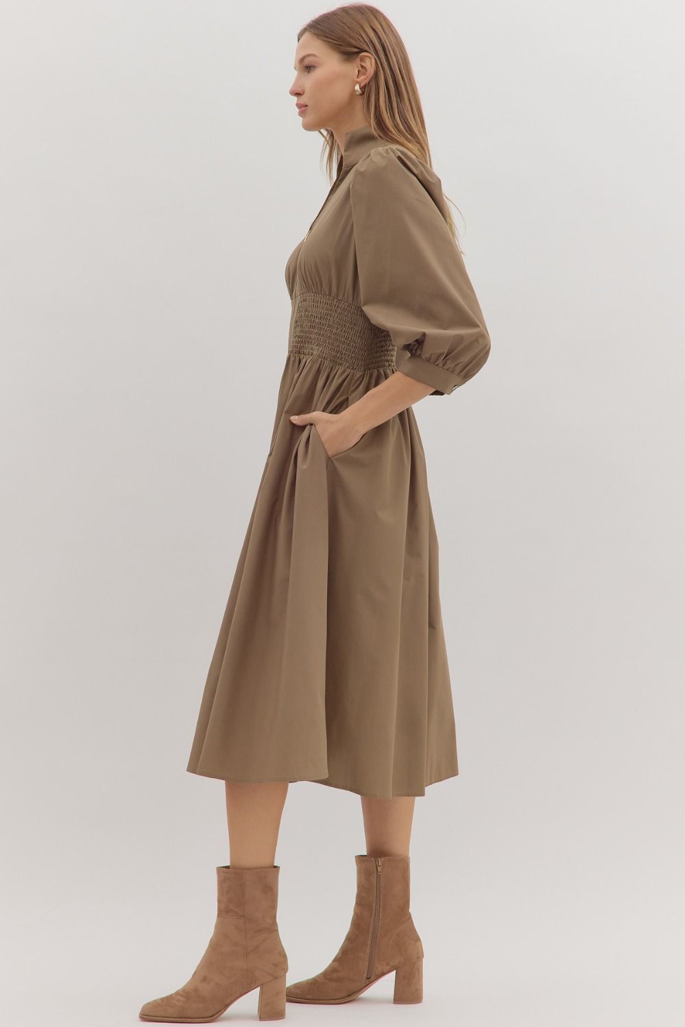Smocked Waist Puff Sleeve Midi Dress - Lush Lemon - Women's Clothing - Entro - 42294001316829