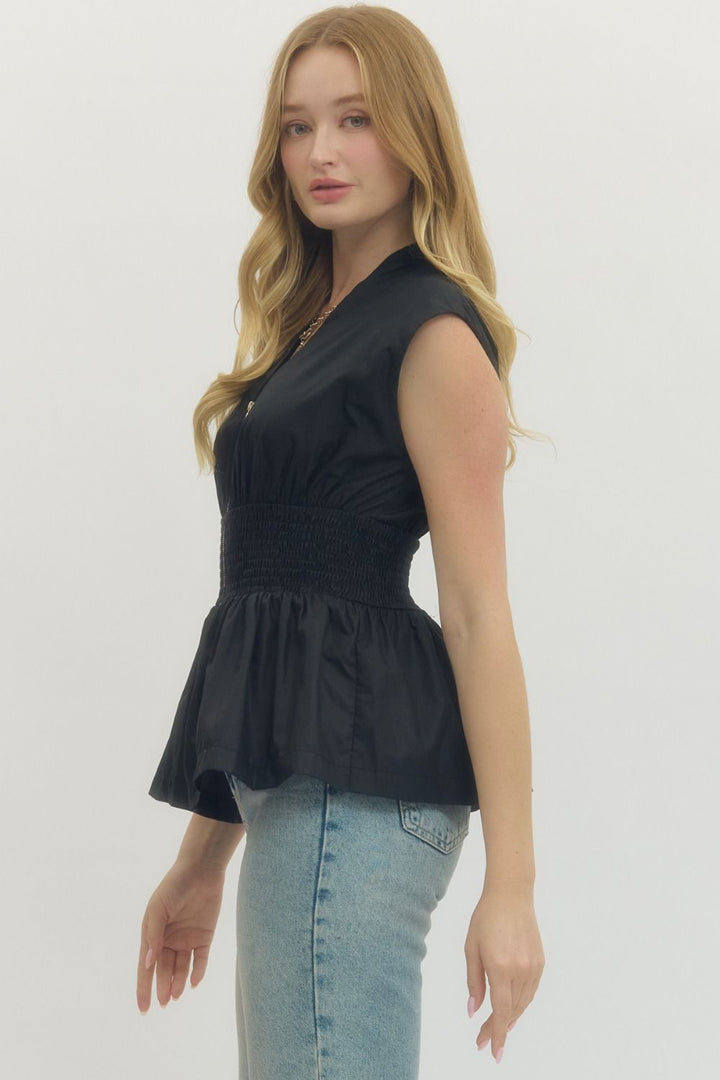 Smocked Waist Zip Front Peplum Top - Lush Lemon - Women's Clothing - Entro - 98338421043293