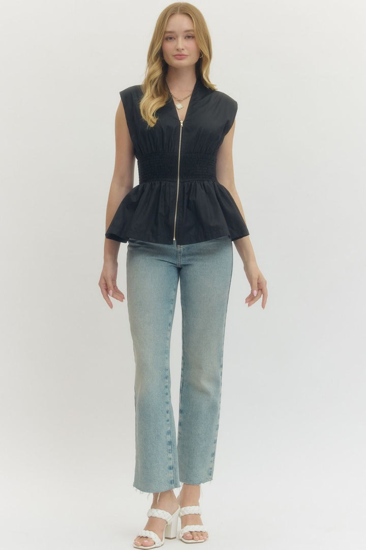 Smocked Waist Zip Front Peplum Top - Lush Lemon - Women's Clothing - Entro - 98338421043293