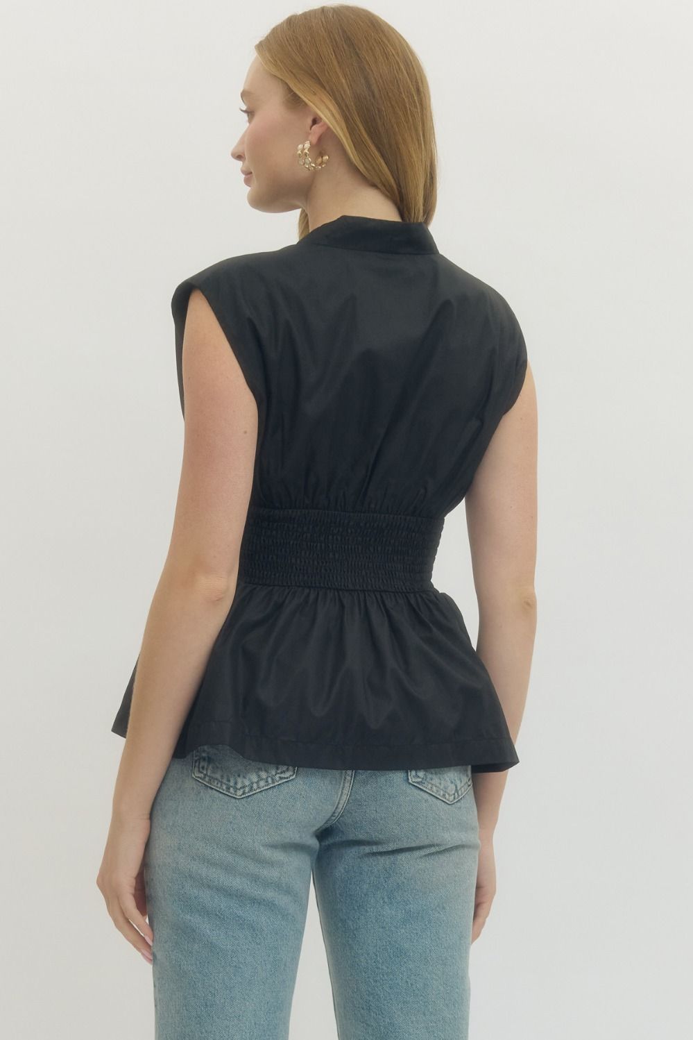 Smocked Waist Zip Front Peplum Top - Lush Lemon - Women's Clothing - Entro - 98338421043293