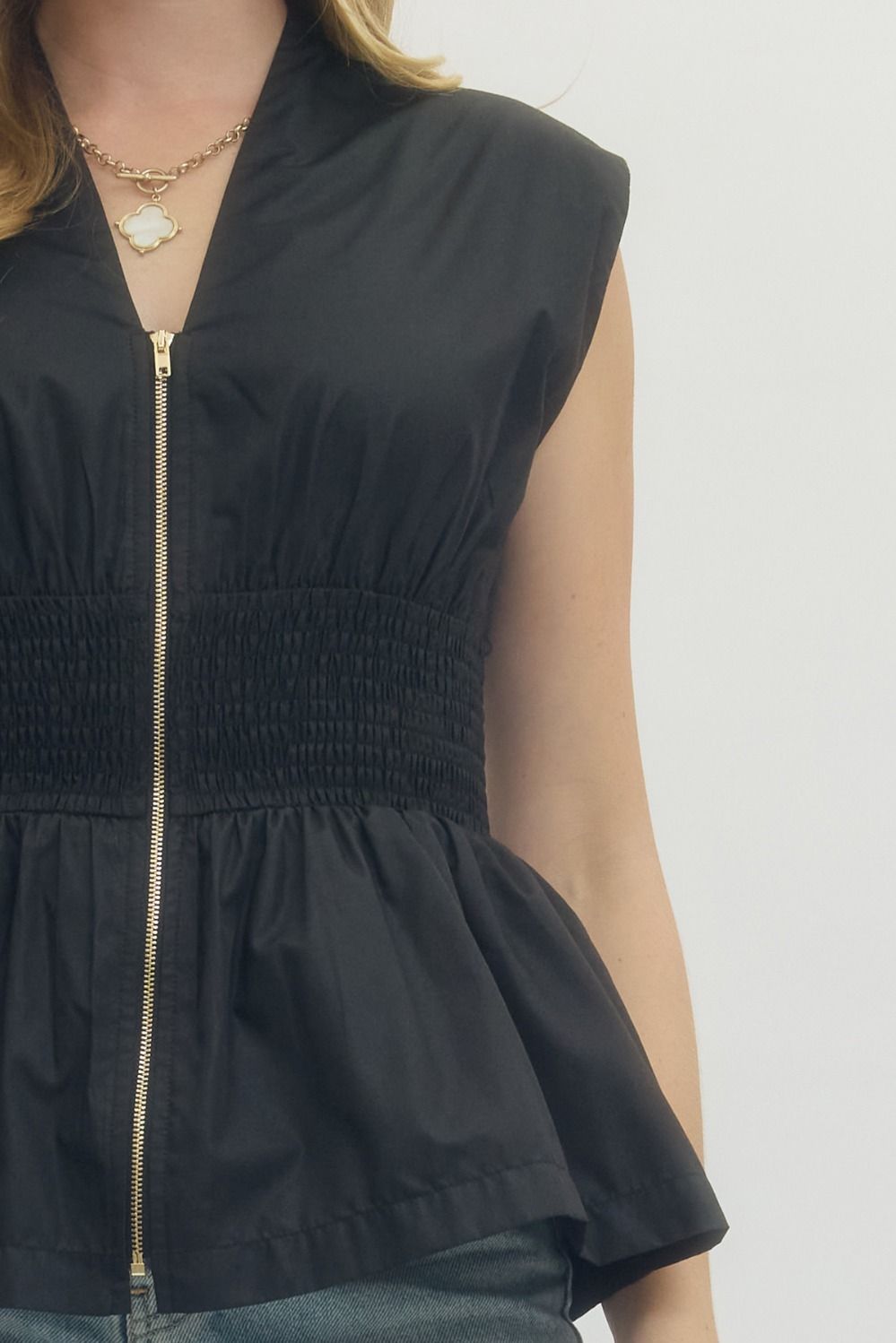 Smocked Waist Zip Front Peplum Top - Lush Lemon - Women's Clothing - Entro - 98338421043293