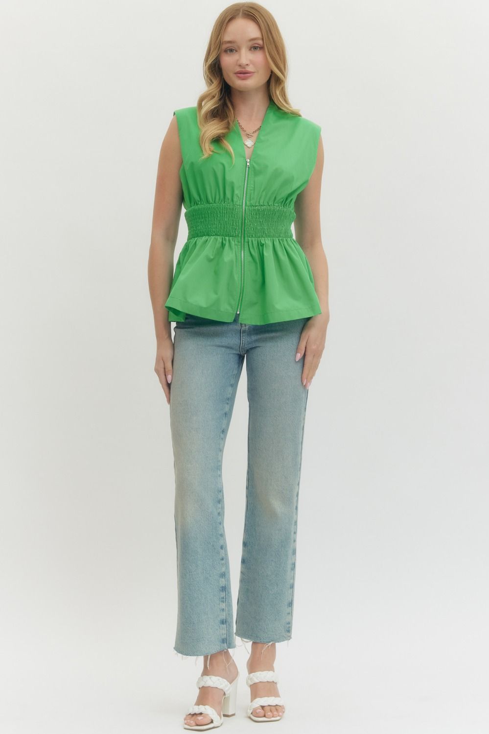 Smocked Waist Zip Front Peplum Top - Lush Lemon - Women's Clothing - Entro - 98338421341597