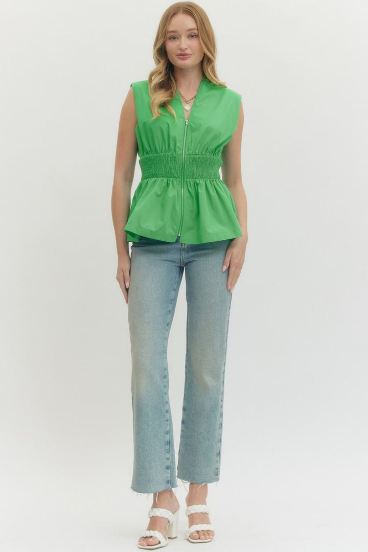 Smocked Waist Zip Front Peplum Top - Lush Lemon - Women's Clothing - Entro - 98338421341597