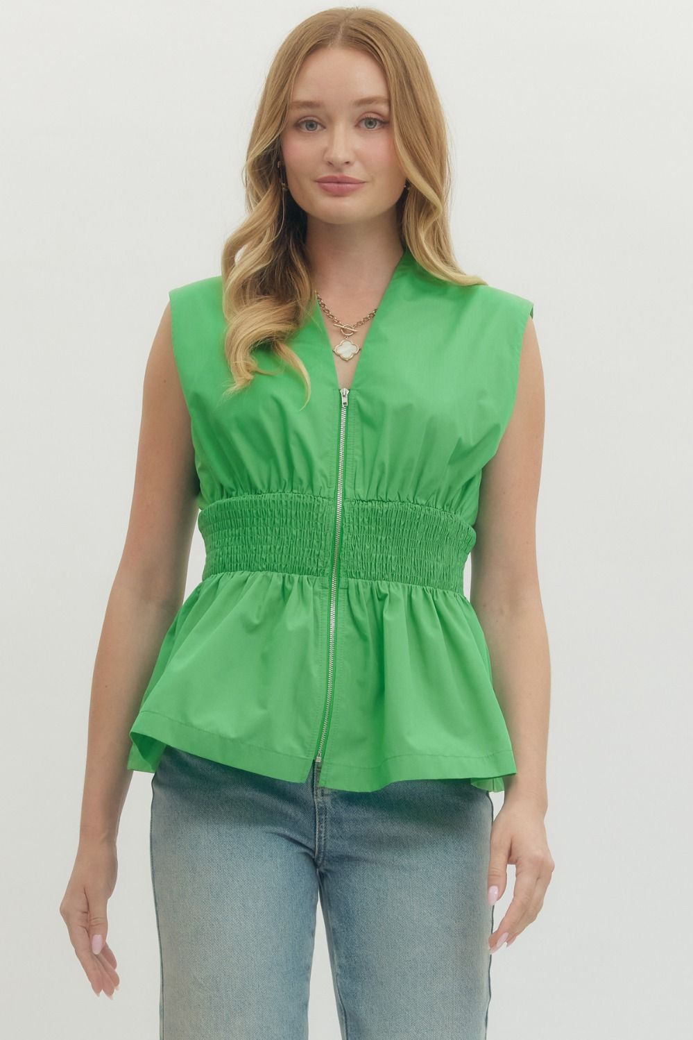 Smocked Waist Zip Front Peplum Top - Lush Lemon - Women's Clothing - Entro - 98338421341597