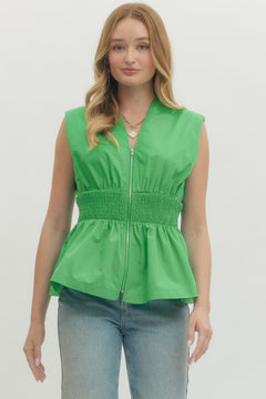 Smocked Waist Zip Front Peplum Top - Lush Lemon - Women&