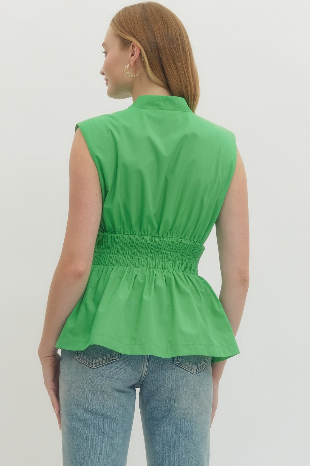 Smocked Waist Zip Front Peplum Top - Lush Lemon - Women's Clothing - Entro - 98338421341597